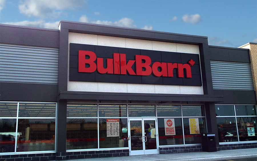 Bulk Barn store front, black and red lettering on a black store front